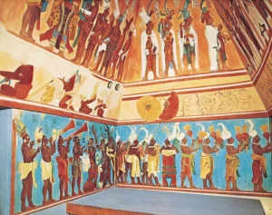 Bonampak'tan Maya freski, orijinali MS 800, Antonio Tejeda tarafından yeniden yapılmış; Chiapas, Meksika'da.
