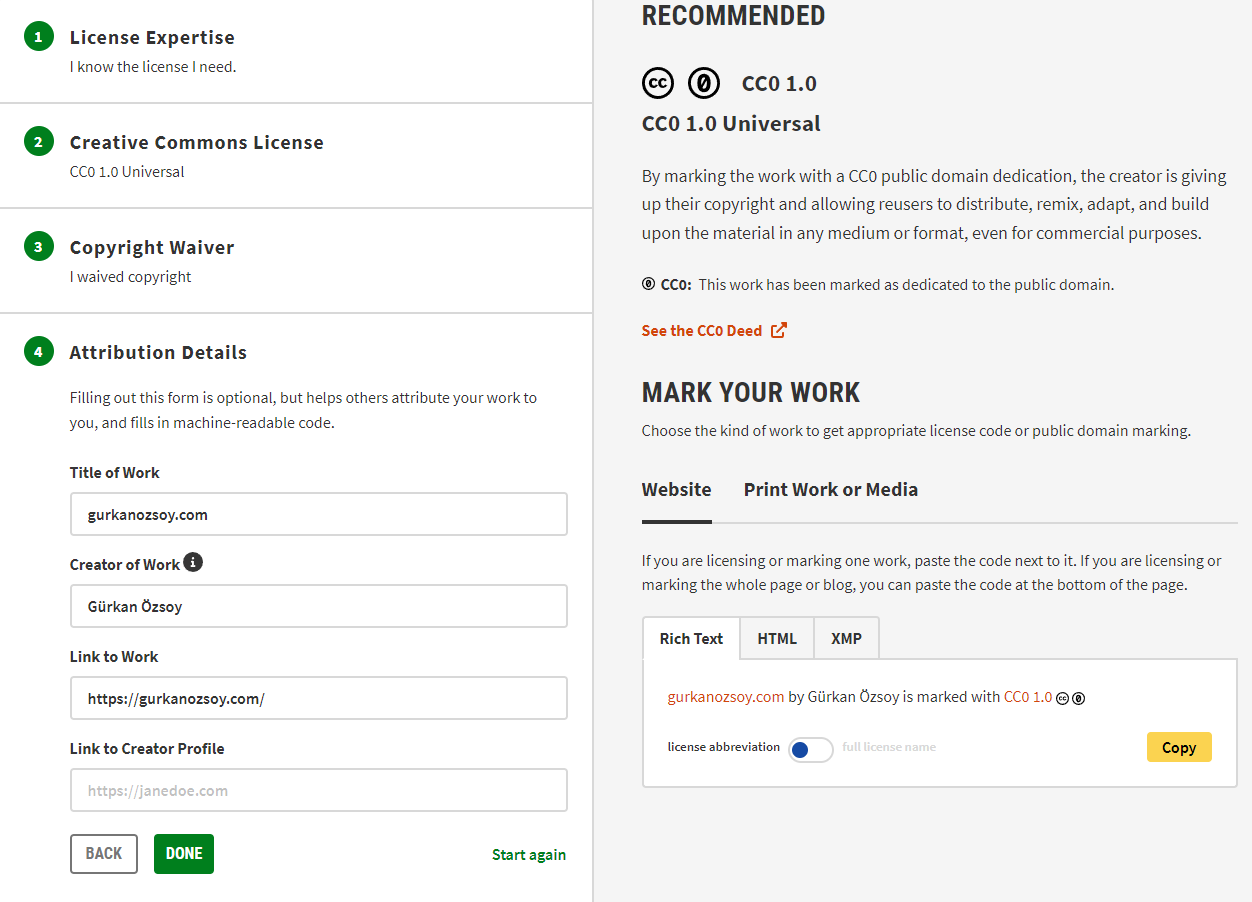 Creative Commons Lisans Seçicinin kullanılışı